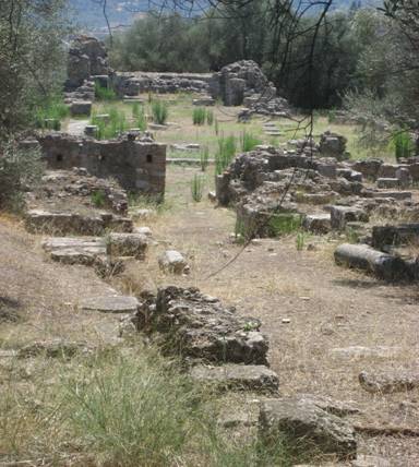 Ancient Sparta: Acropolis  theatre with Taygetos mountainsbehind.