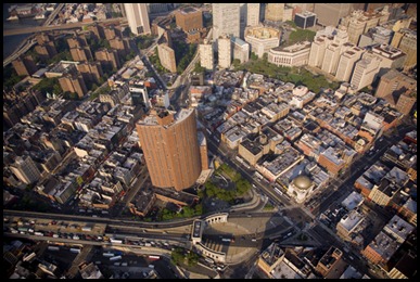 An aerial view of Confucius Plaza in Chinatown and the colonnade leading to the Manhattan Bridge.   Manhattan, New York City.
