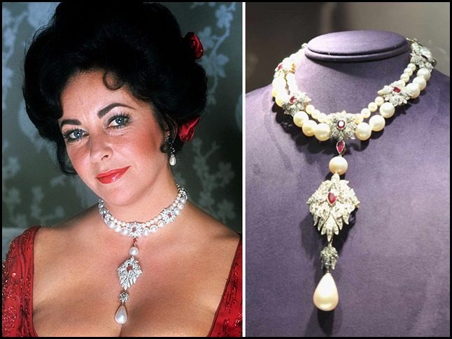 Elizabeth Taylor wears her famous necklace bearing La Peregrina, the 35mm pearl once belonging to Queen Isabella of Spain. Taylor's pearl, diamond, and ruby choker features an enormous pearl called La Peregrina which was discovered in Spain 400 years ago. The pearl was bought for her by her actor husband Richard Burton, for $37,000, who had Cartier design the choker. 
This photo may be a 1976 behind-the-scenes photo from "A Little Night Music", as Taylor appears dressed in her costume for the film.
Credit: Norman Parkinson/Corbis