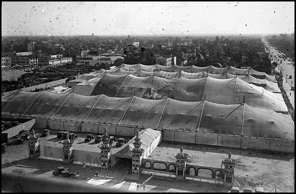 Mar. 3, 1929: Overhead view of the Los Angeles Auto Show before fire. Scan from original glass negative that has stains showing in sky.