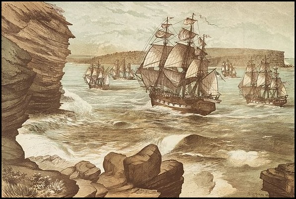 The_First_Fleet_entering_Port_Jackson,_January_26,_1788,_drawn_1888