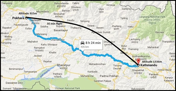 Kathmandu & Pokhara Tour Map by Flight