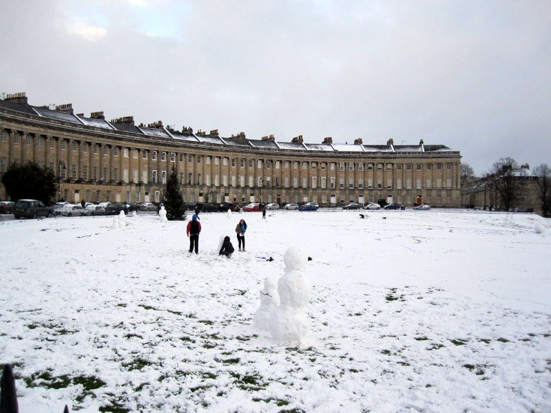 The Royal Crescent.  Snowmen on the front lawn.