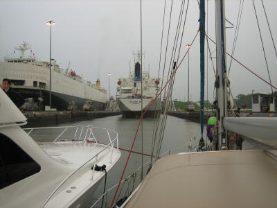 In the locks behind the "big ship" as evening falls.