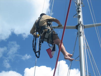 Cameron at work inspecting our rigging.