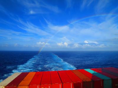 Papeete is a recent memory and some 170 nm (300km!) astern of us already. Not just another boring Howard ship pic!! Spot the Difference beyond The Rainbow? We are now full up with Containers ‘blocking’ my view now! These are Empty containers as I presume Tahiti ‘Just takes’ and gives ‘Nothing back’. Eventually the ‘giving containers’ have to go back to be able to give again!