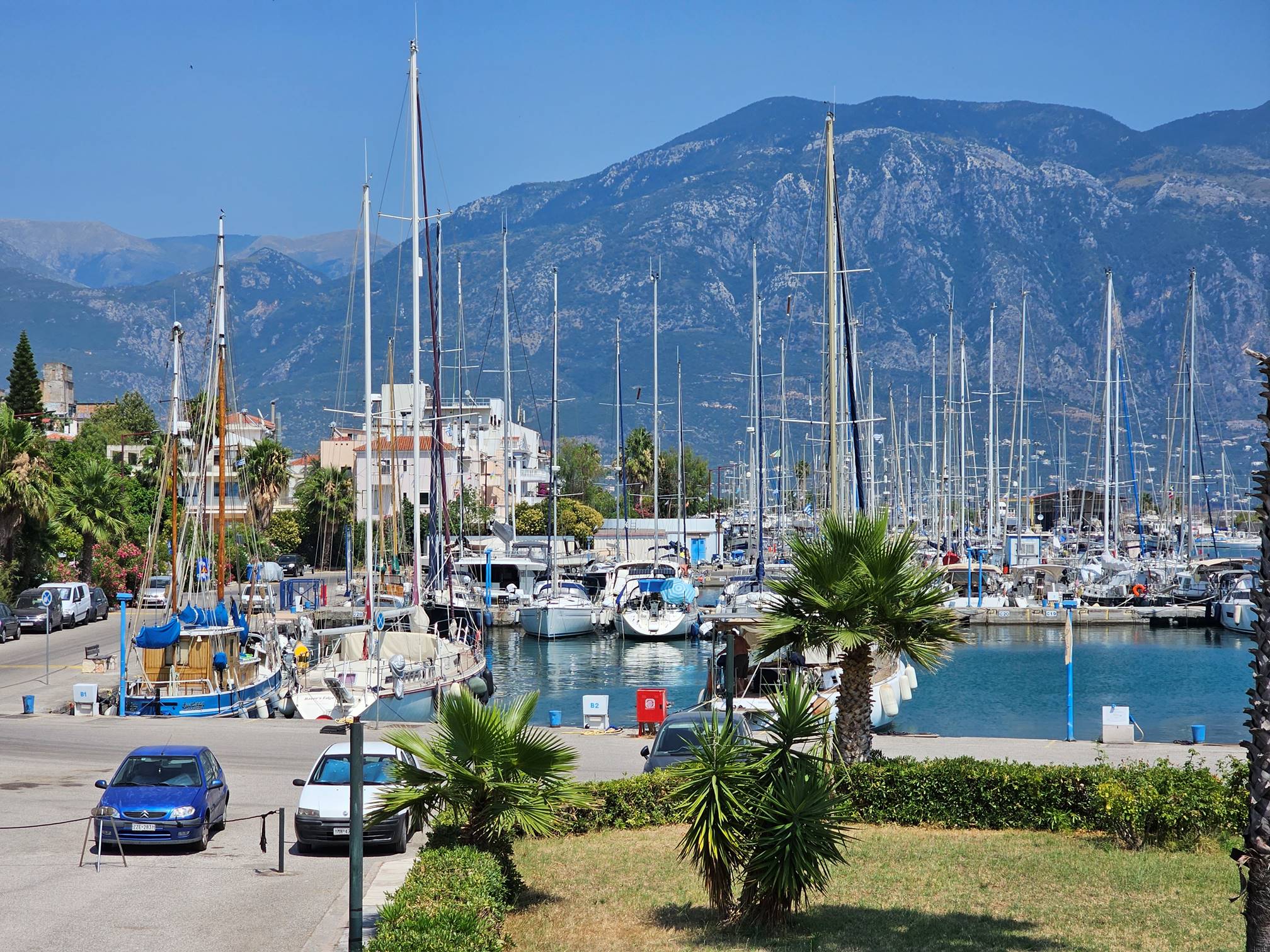 A marina with many boats and a mountain in the background

Description automatically generated
